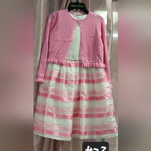 COPY - Pink and White Striped Kids Dress with Cardigan